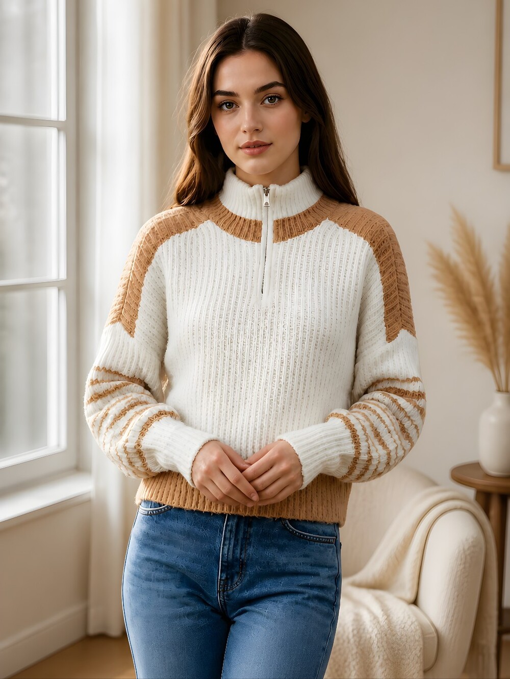 French Connection Winter White & Camel Half-Zip Ribbed Knit Sweater Size Medium